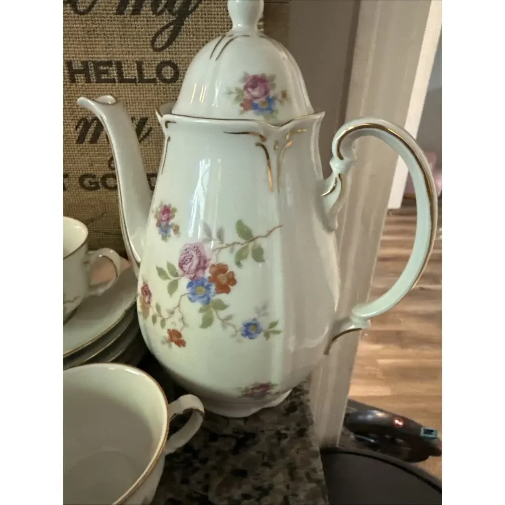 Vintage Rare Us Zone Germny Porcelain Tea Set Beautiful 14Piece Floral Gold Trim